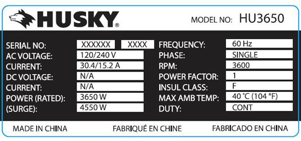 photo of husky generator label