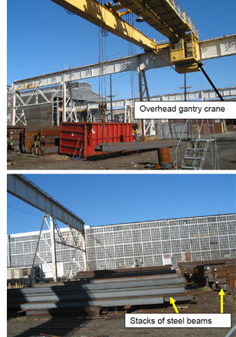 This is a photo of the overhead gantry crane and the stacks of steel beams